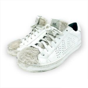 P448 John Sneaker Coated Leather Faux Fur Tongue Lace Up Shoes Size 38